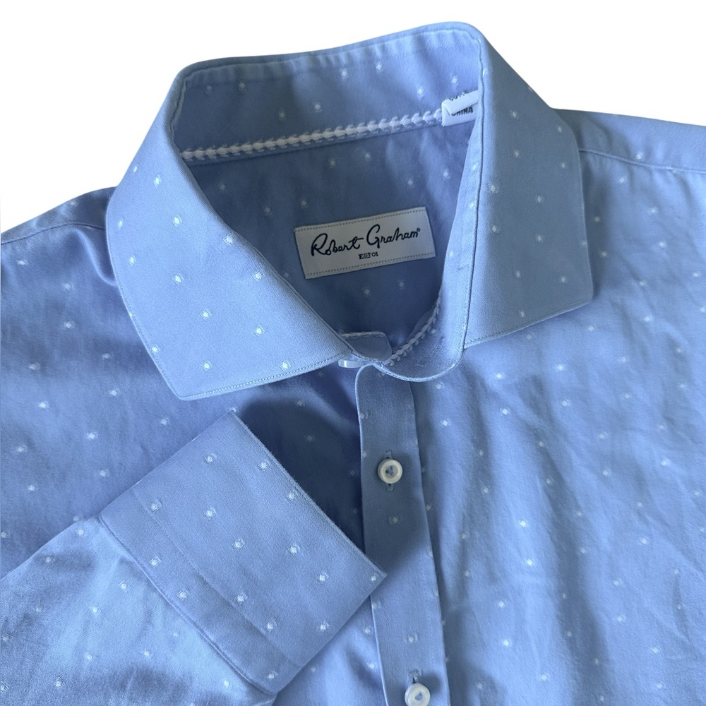 ROBERT GRAHAM light blue w/ white dots mens button front dress shirt size 43/17